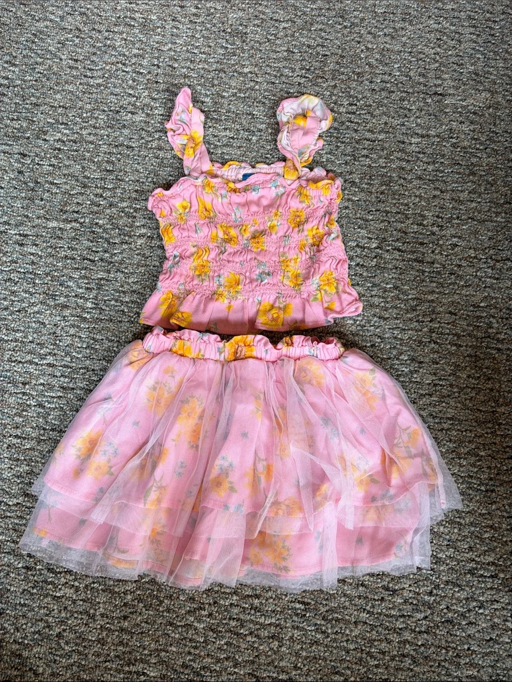 Old Navy Pink & Yellow Floral Smocked Tank Top and Tulle Skirt Set